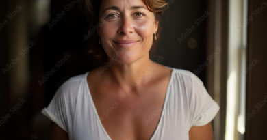 portrait de femme 40-50 ans de face en robe blanche, cheveux brun mi-long, petit sourire, légèrement en surpoids, forte poitrine